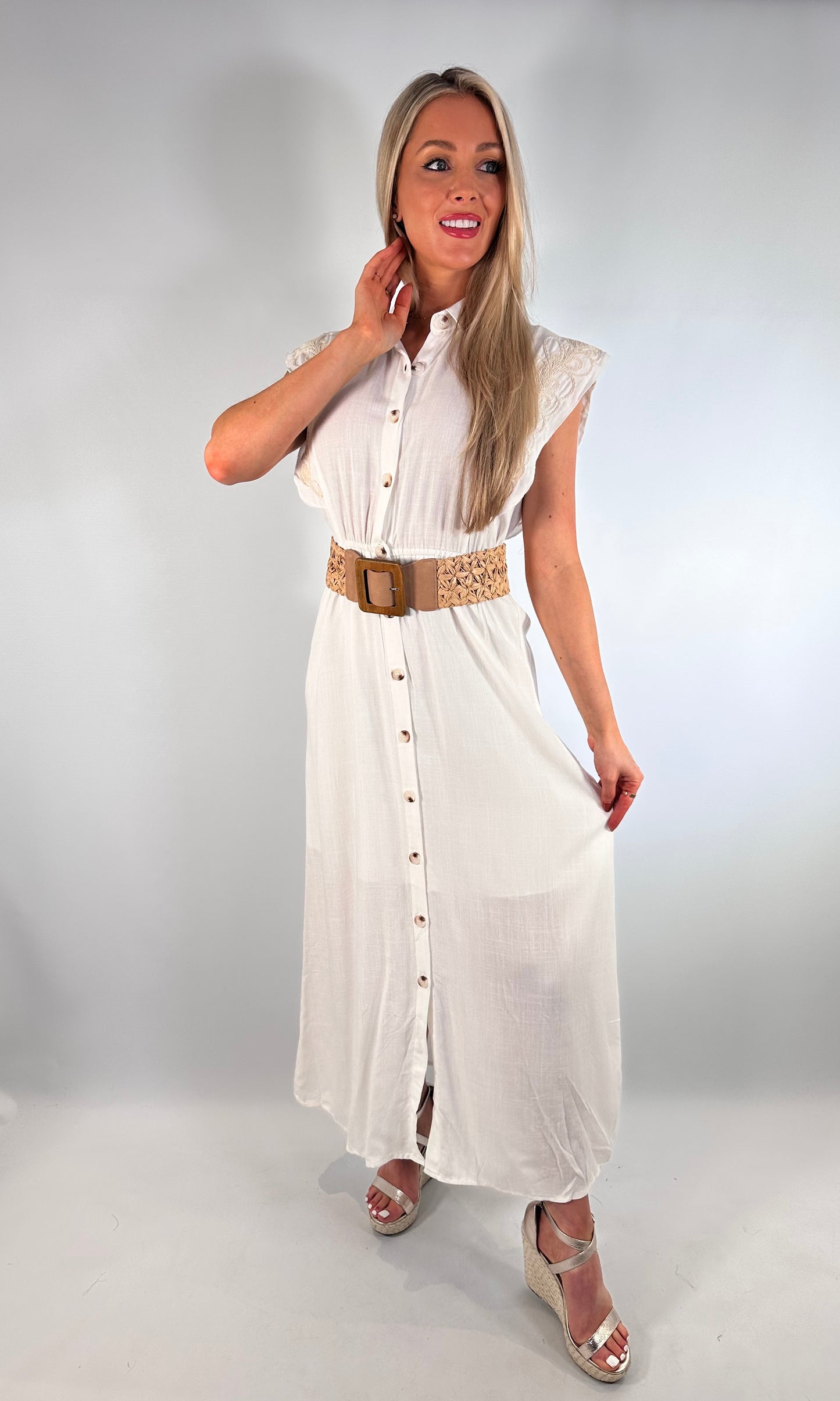 Saffron Embroidered Button Midi Dress