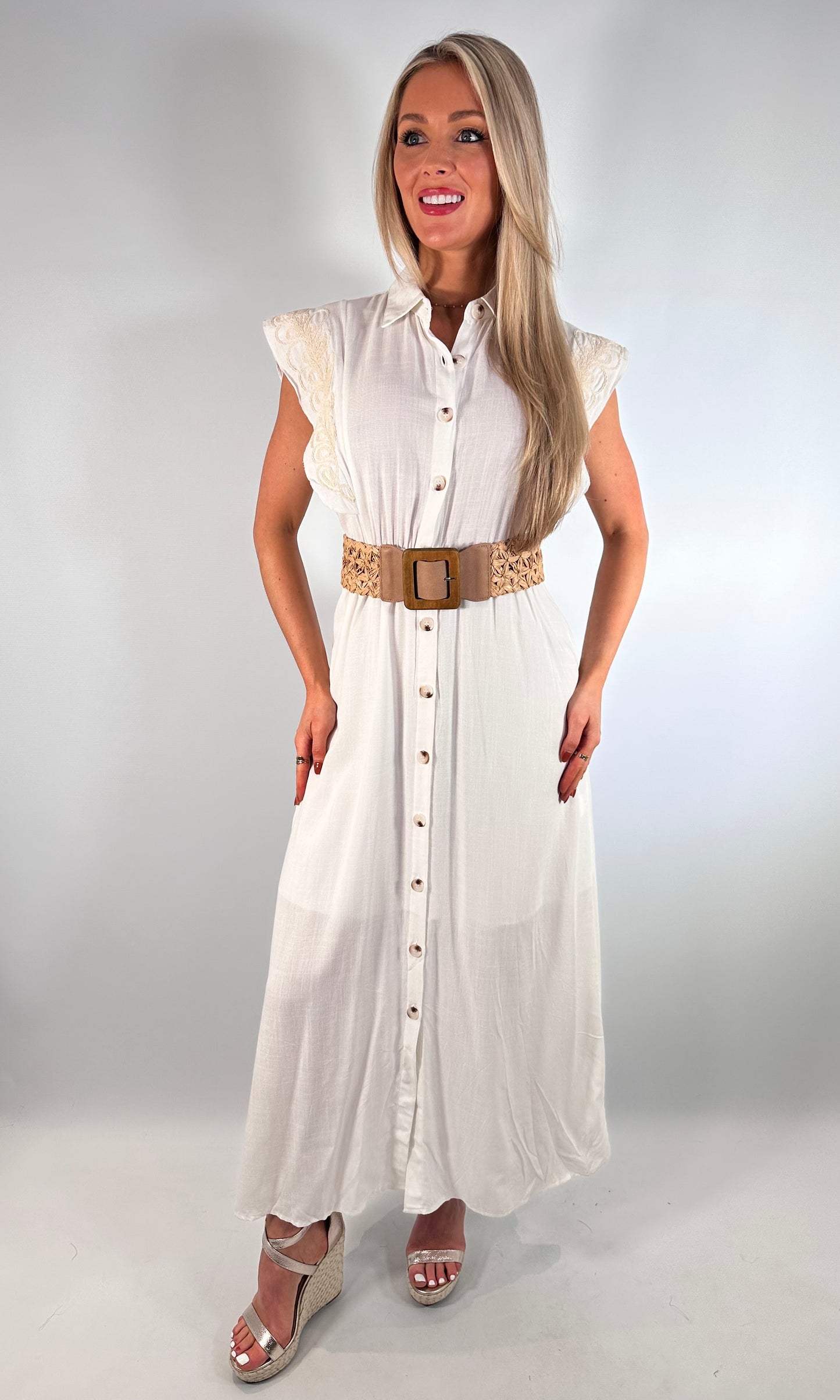 Saffron Embroidered Button Midi Dress