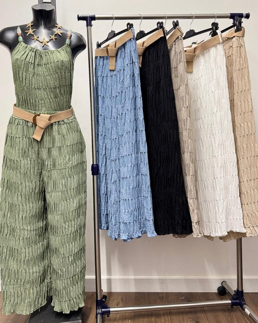 Crinkle pleat elasticated trouser with belt