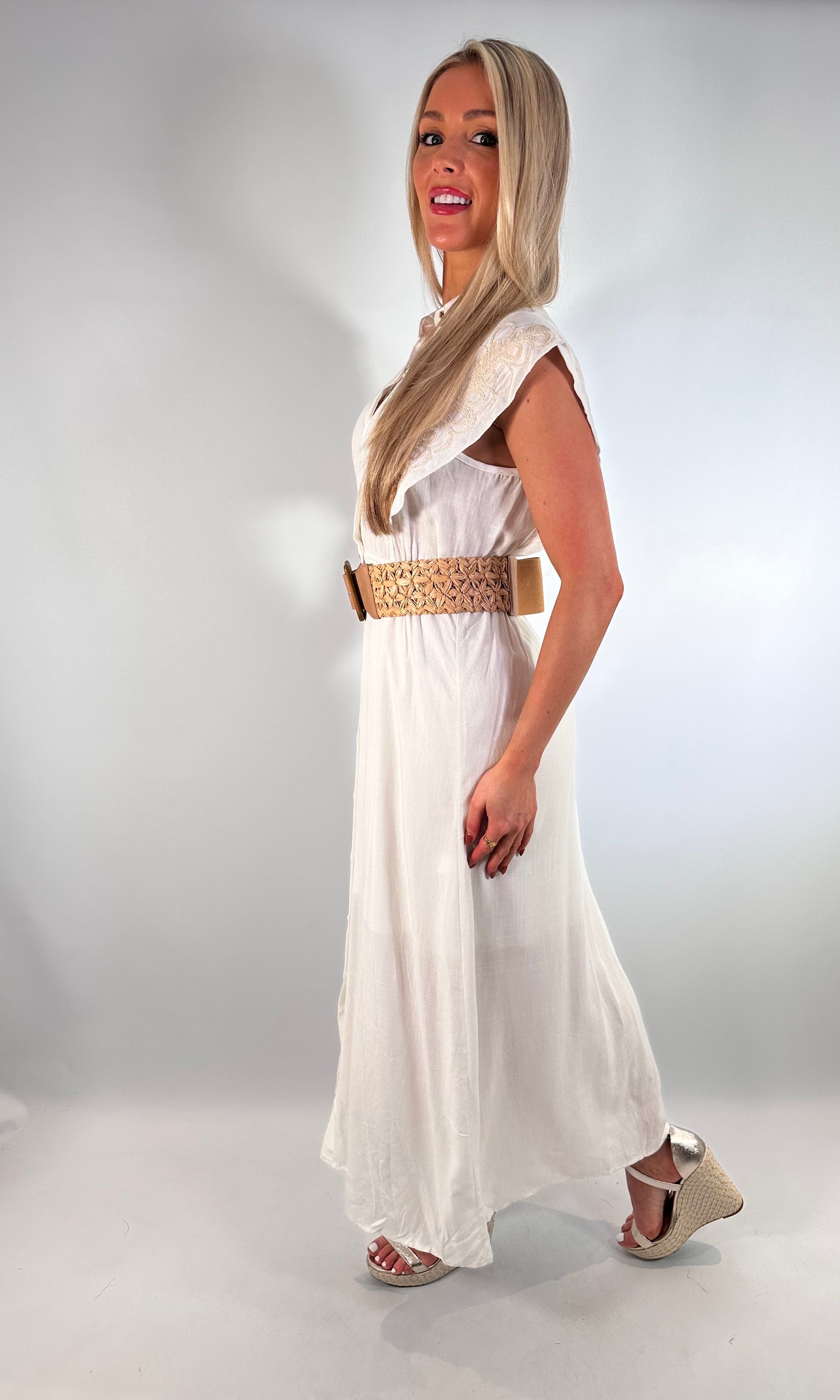 Saffron Embroidered Button Midi Dress