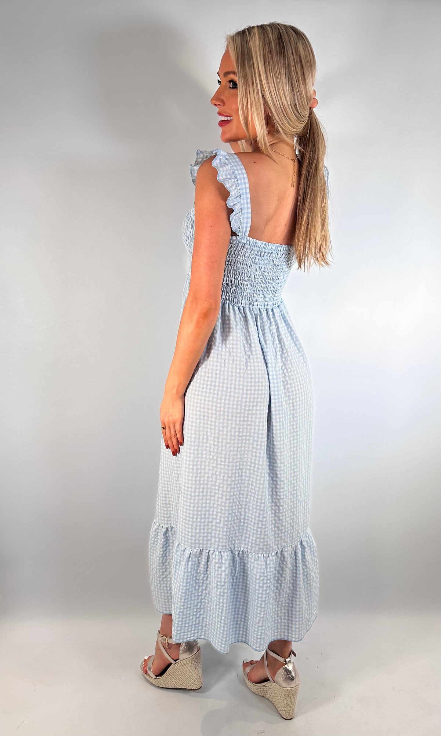 Elasticated Gingham Midi Dress