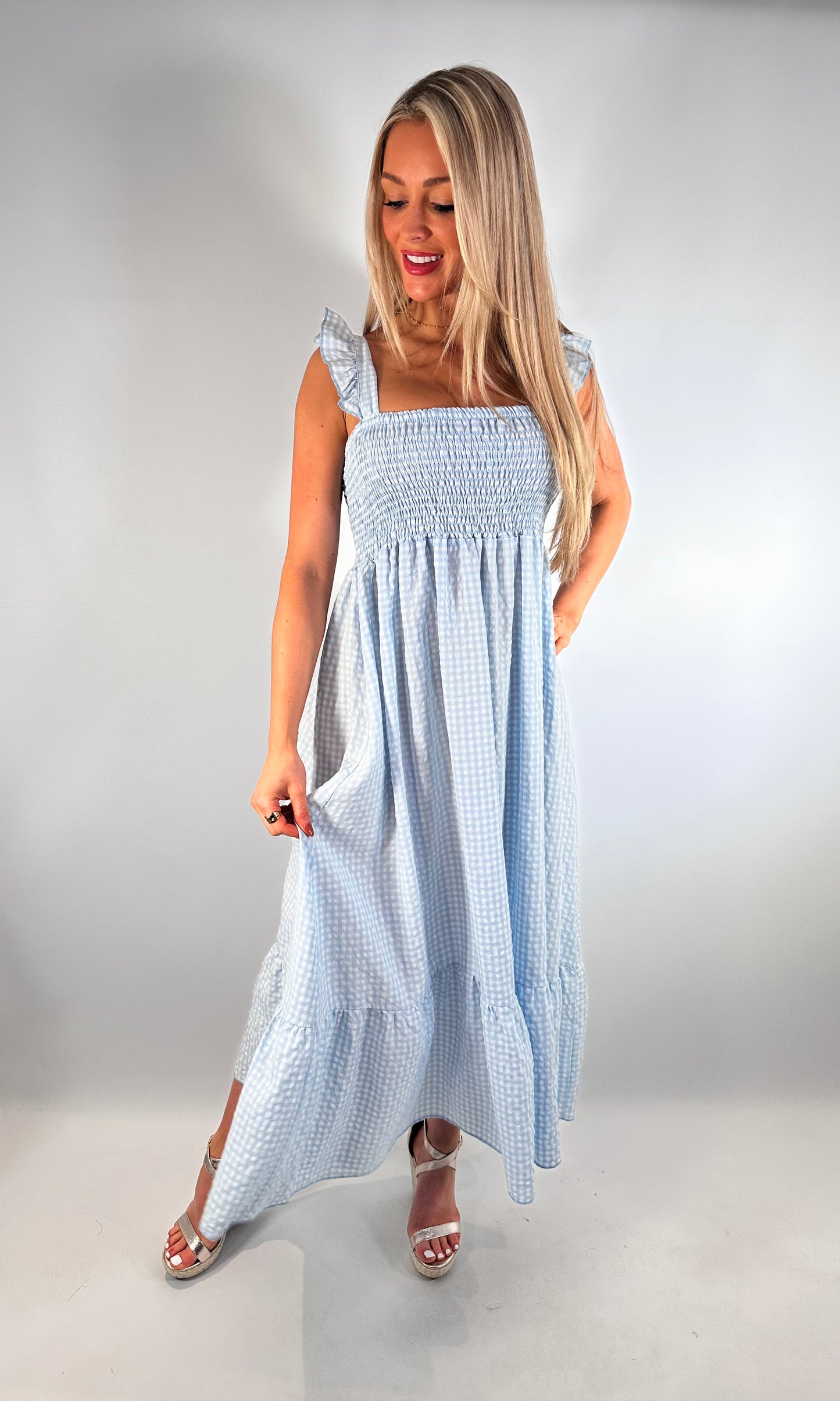 Elasticated Gingham Midi Dress