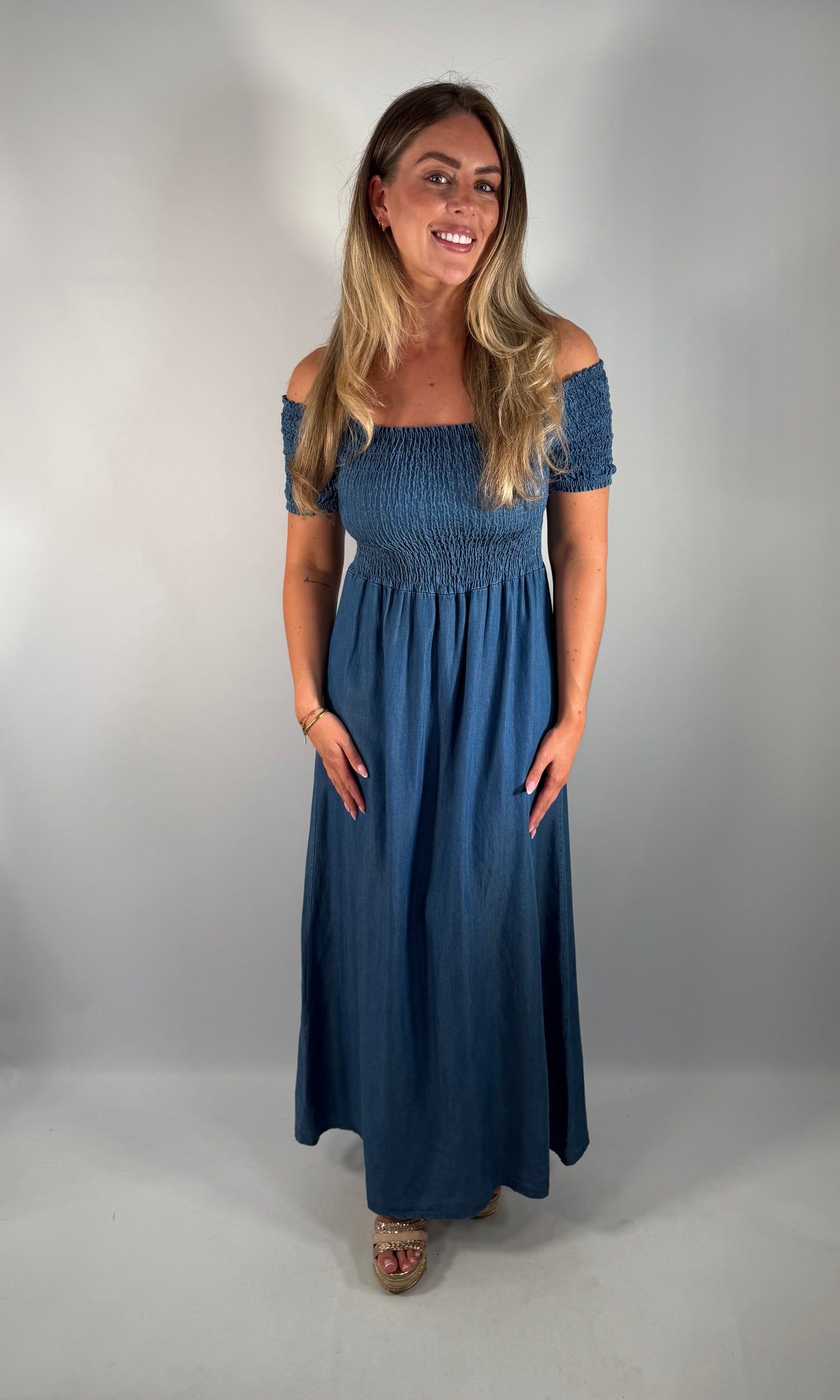 Shirred Denim Maxi Dress