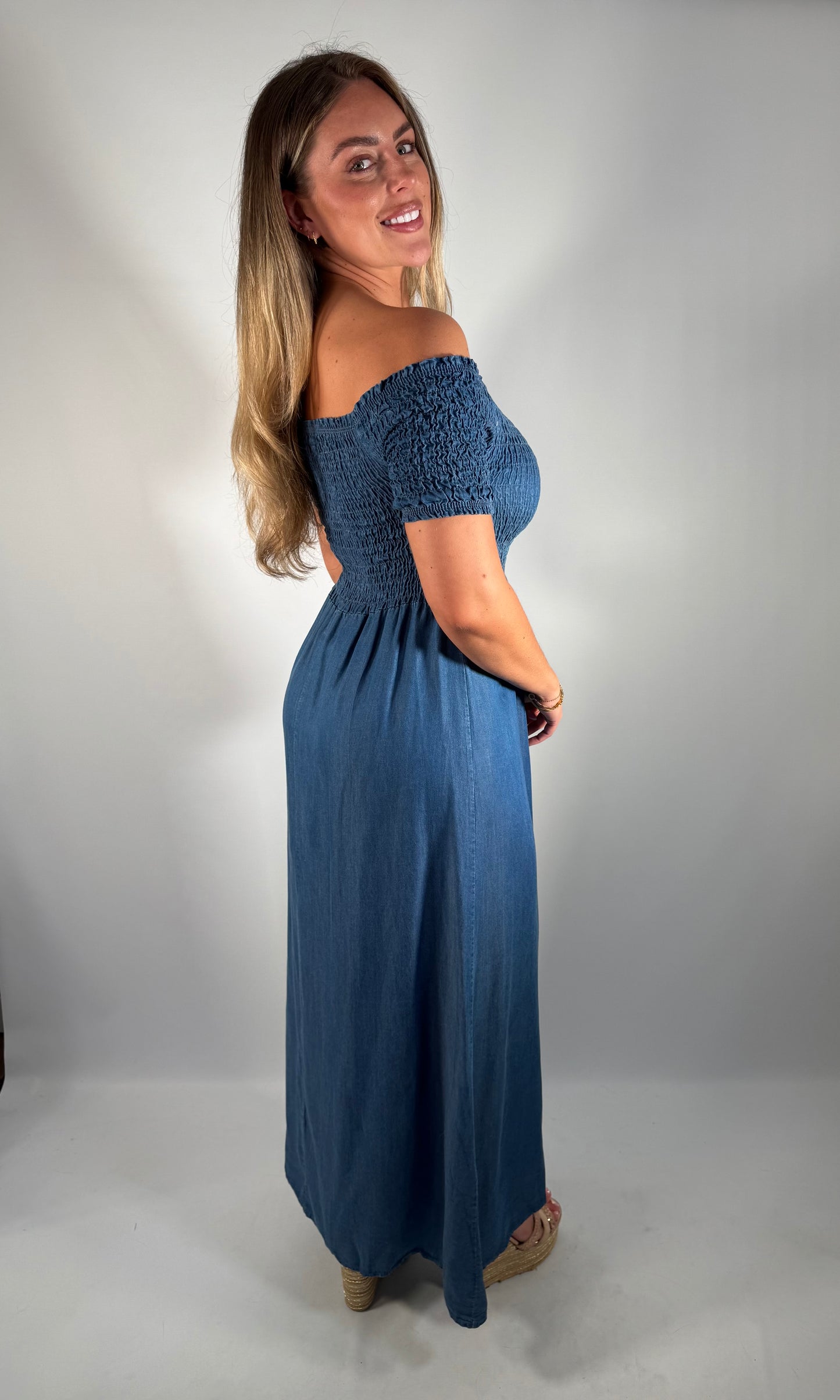 Shirred Denim Maxi Dress