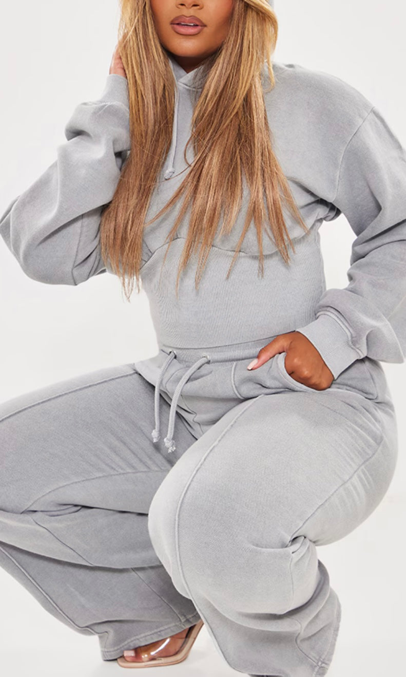 High Waist Crop Hooded Lounge set Acid Wash (10068)