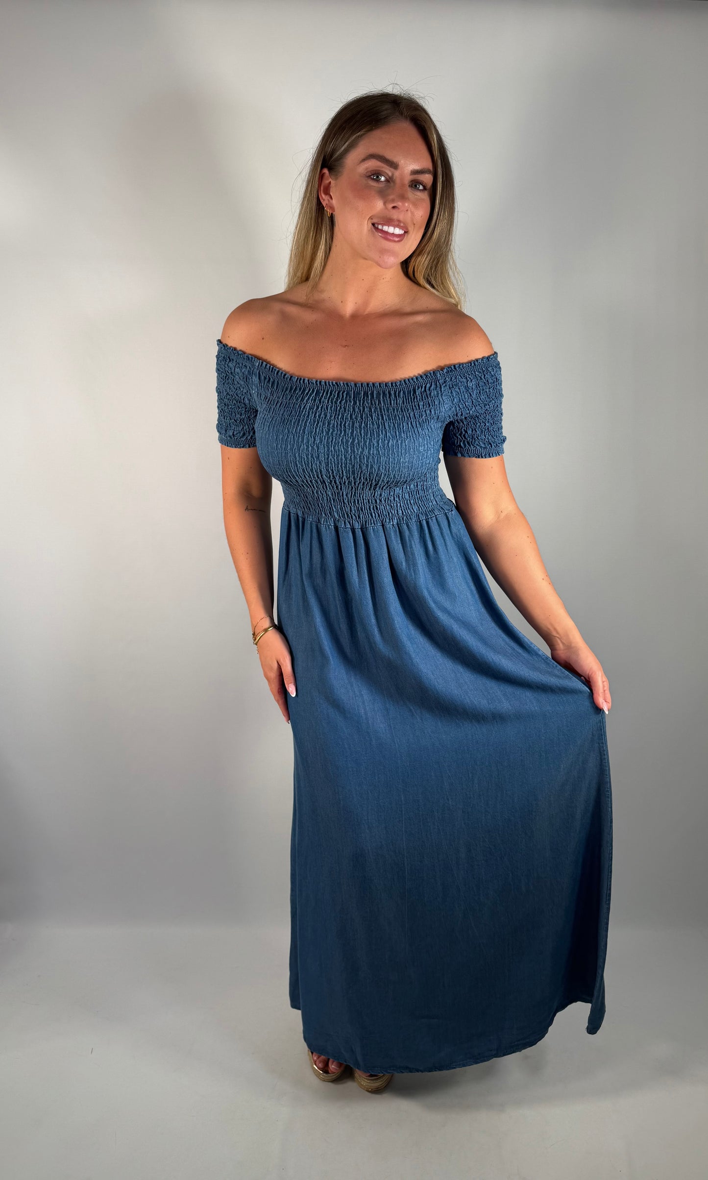 Shirred Denim Maxi Dress
