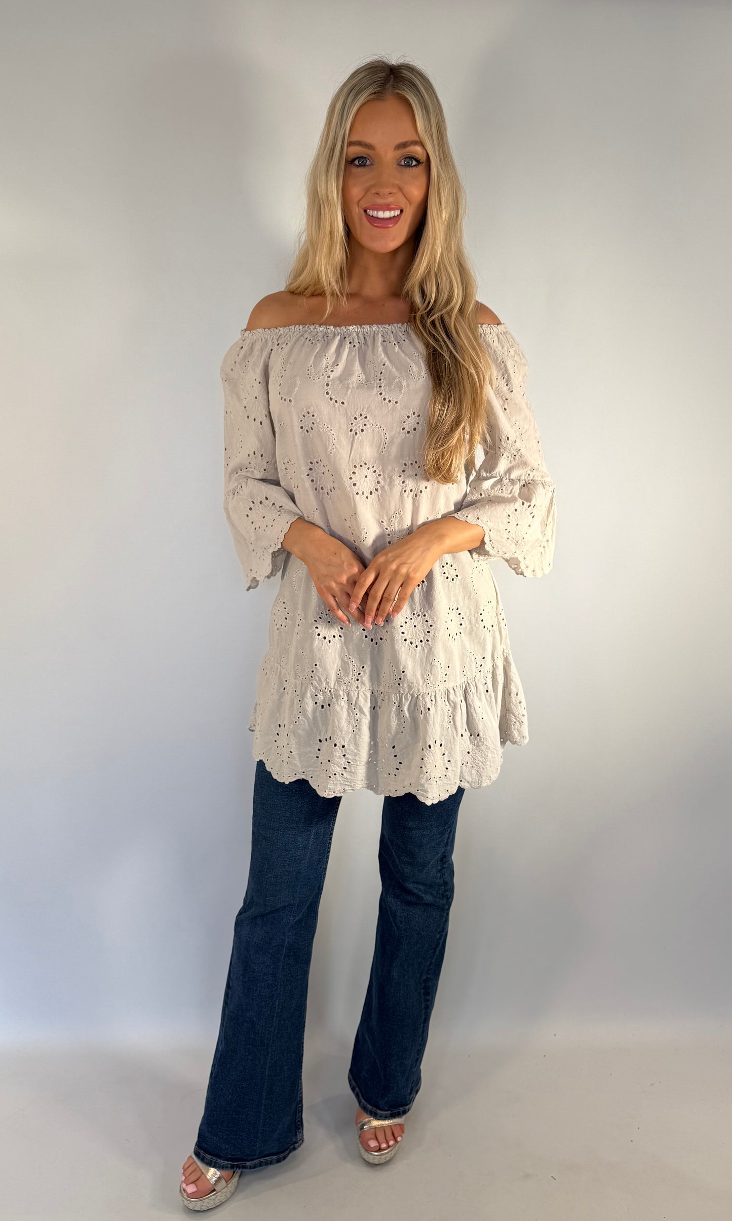 Embroidered Anglaise Bardot Top