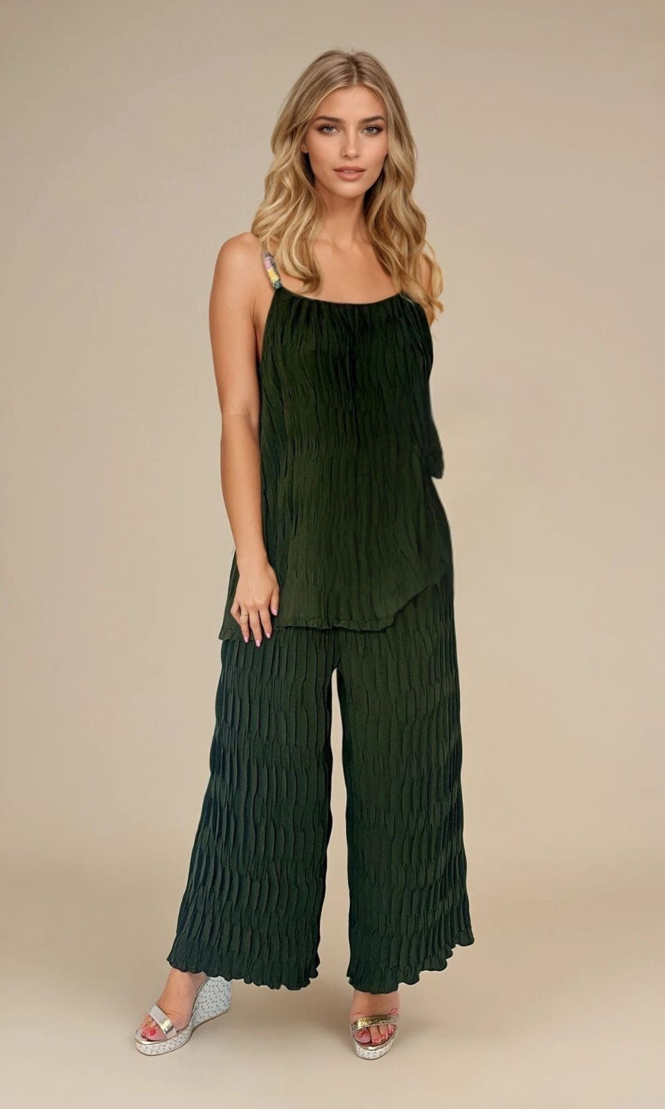 Crinkle pleat elasticated trouser with belt