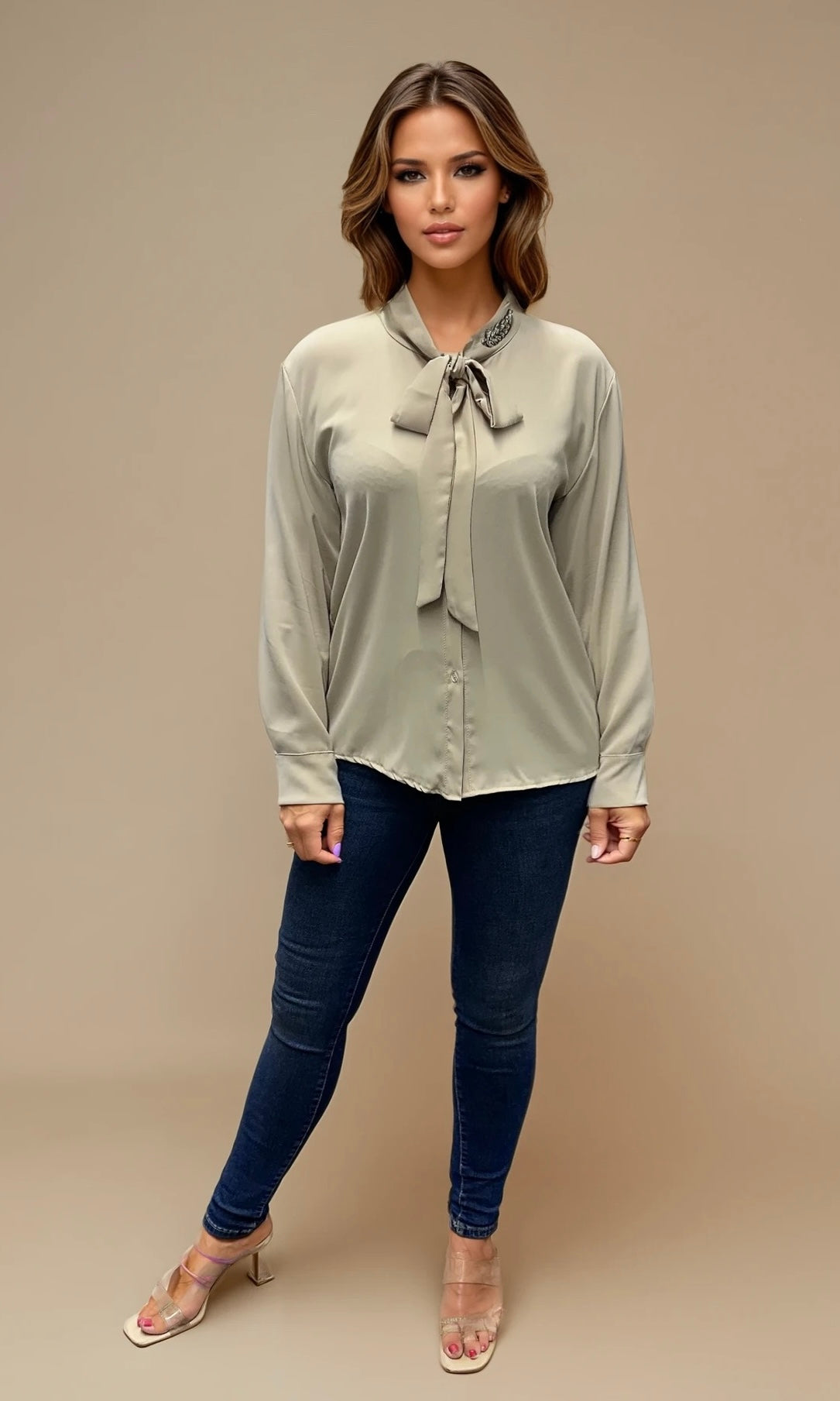 Celine diamonte detail pussy bow blouse