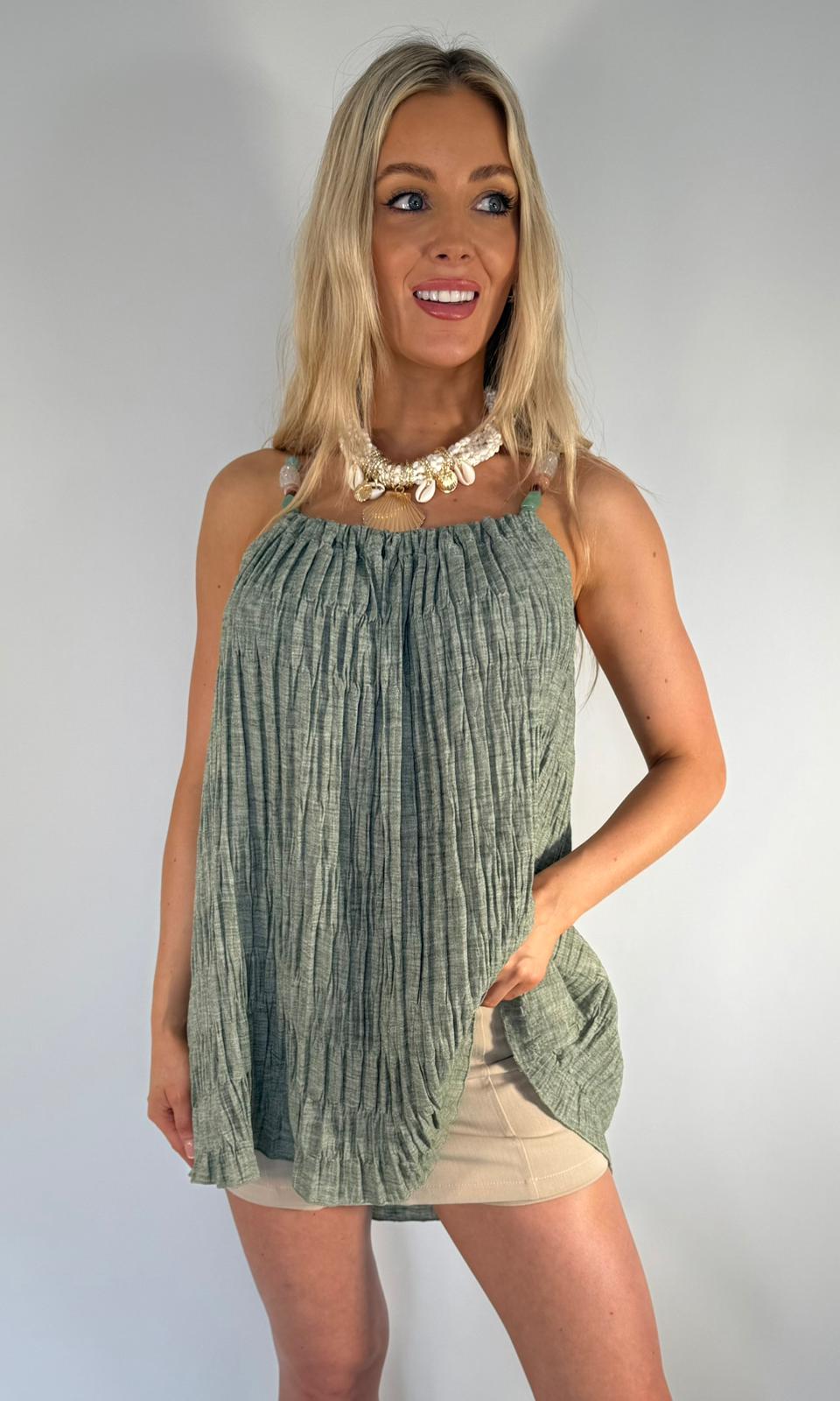 Crinkle beaded strap vest top
