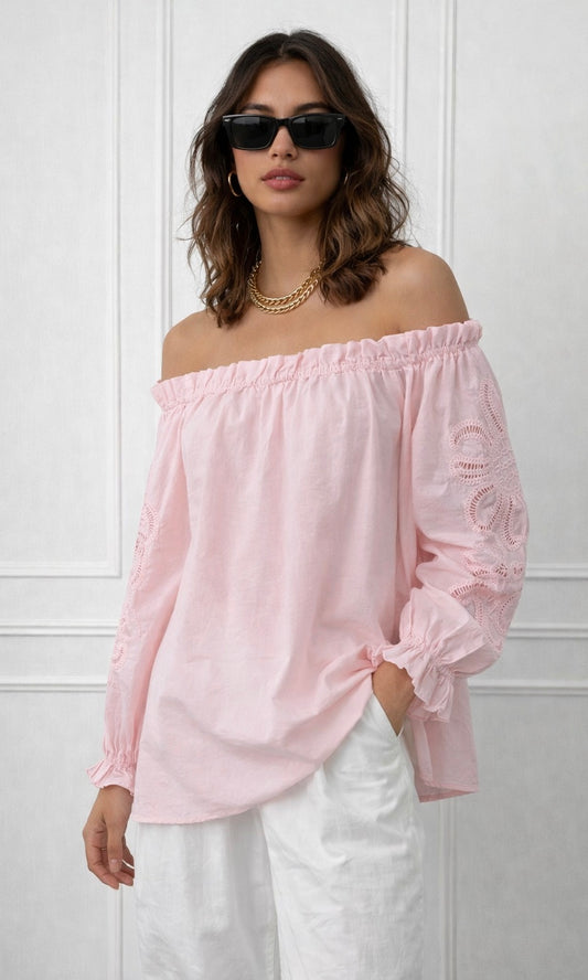 Annabel embroidered sleeve Bardot top