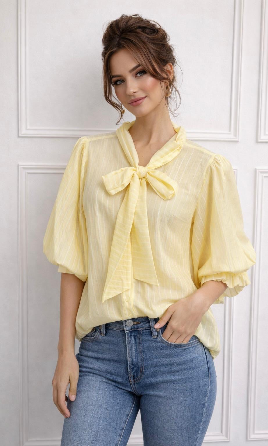 Emily Pinstripe Bow Blouse