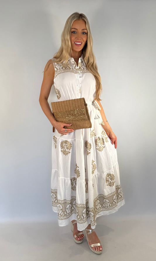 Zara Gold Embroidered Tiered Button Dress