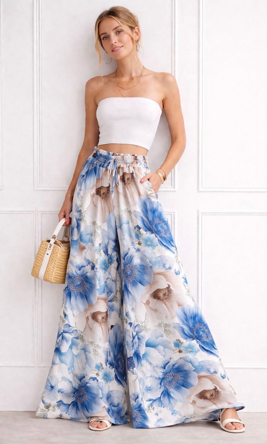 Wholesale Alissia Floral Wide Leg Trouser (Elasticated Waist) for Boutique Retailers - Catwalk style wholesale
