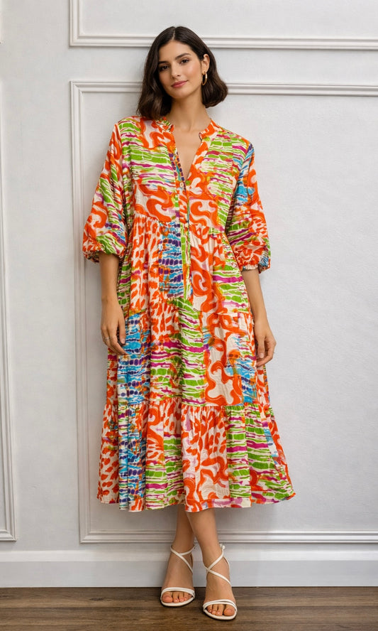 Multicolour Tiered Print Maxi Dress