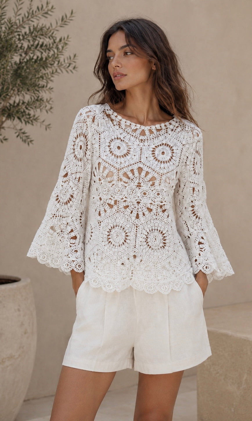 Wholesale Molly Bell Sleeve Crochet Top for Boutique Retailers - Catwalk style wholesale