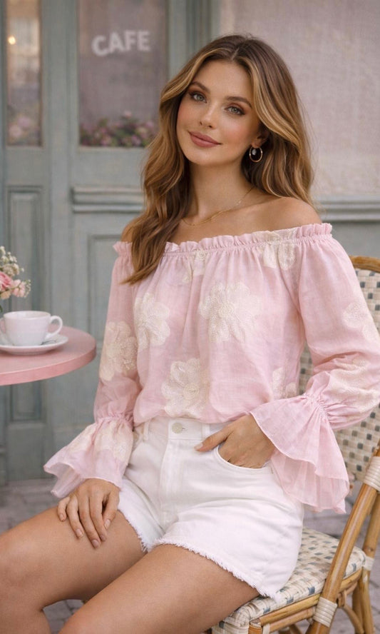 Luna embroidered flower Bardot top