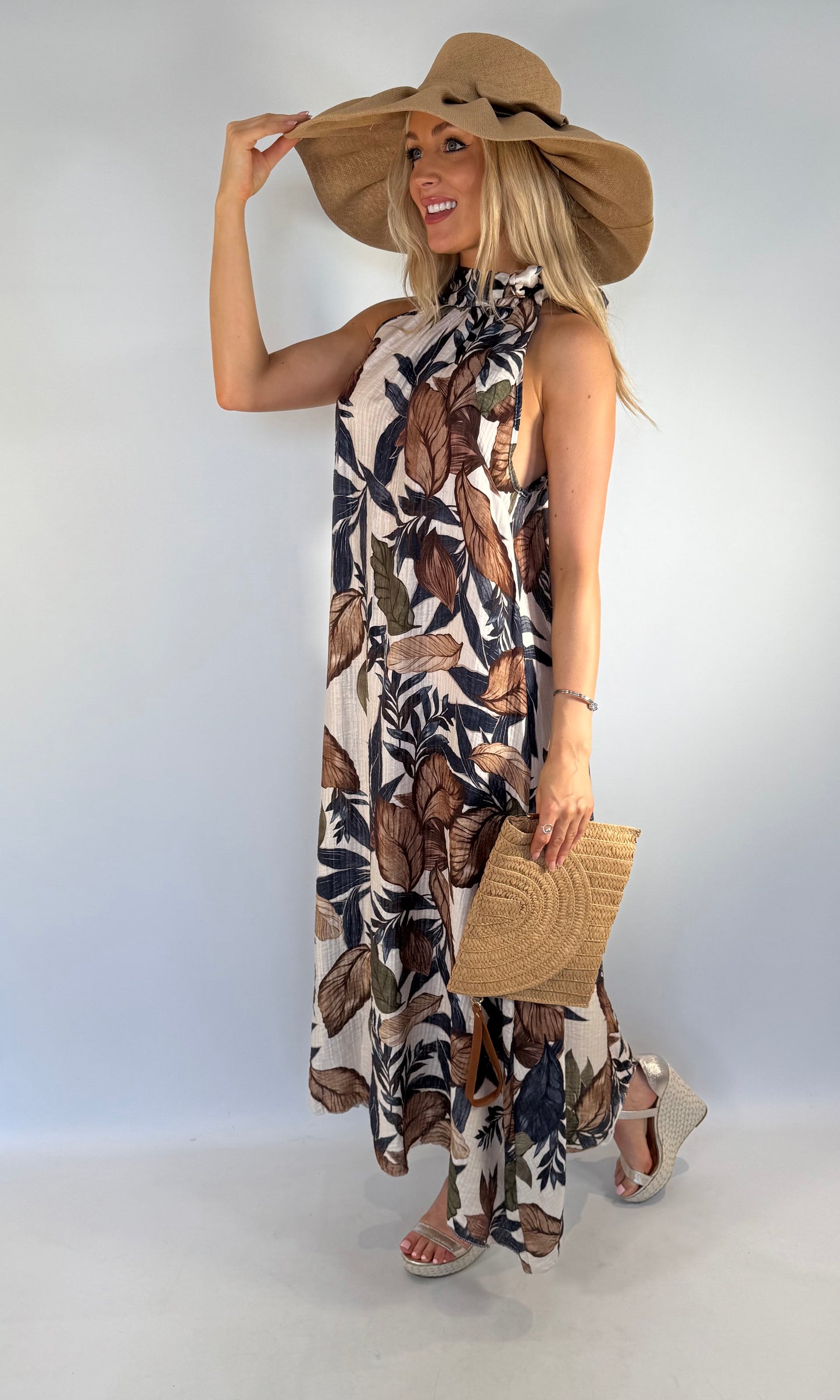 Leaf Print Tie Neck Maxi Dress