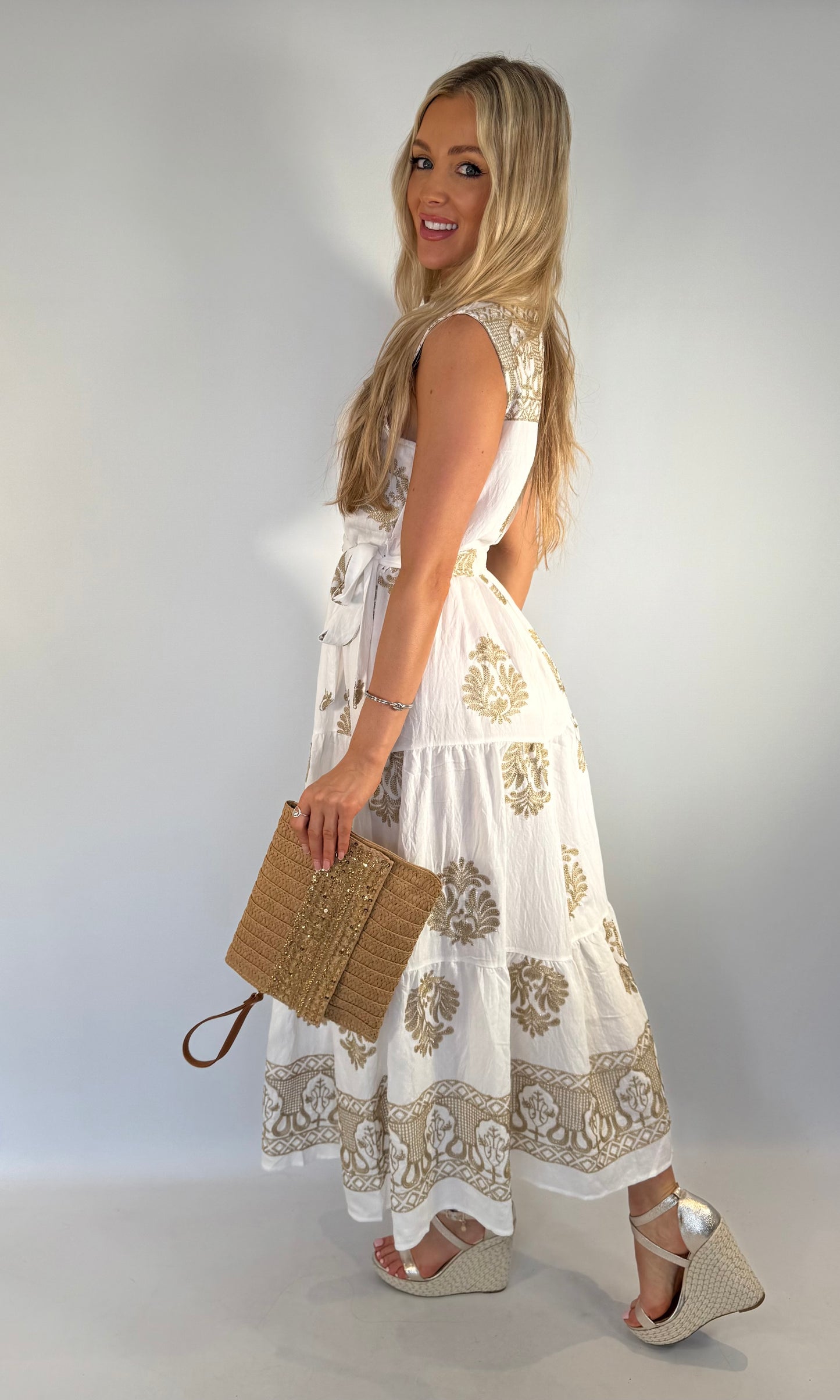 Zara Gold Embroidered Tiered Button Dress