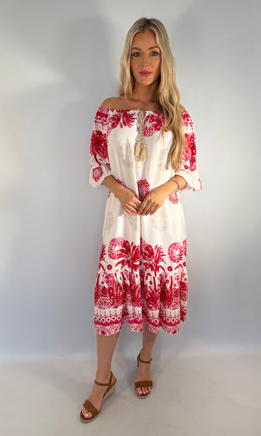 Palm Print Bardot Dress