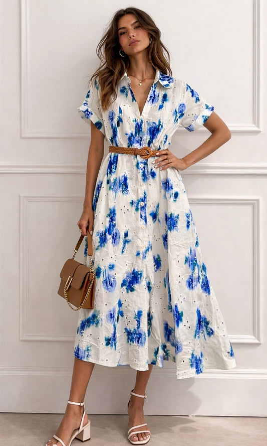 Jasmine Embroidered Print Shirt Dress