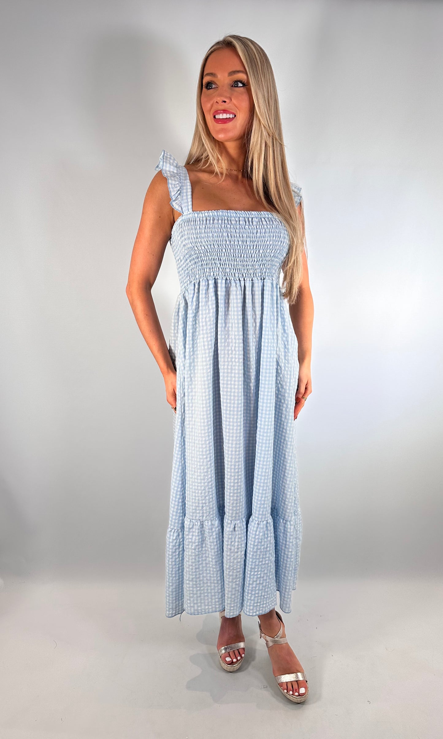 Elasticated Gingham Midi Dress