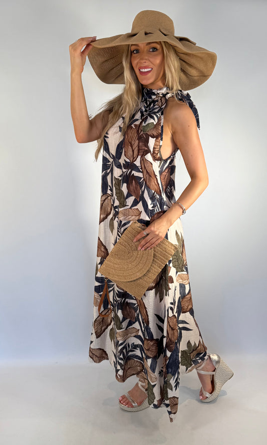 Leaf Print Tie Neck Maxi Dress