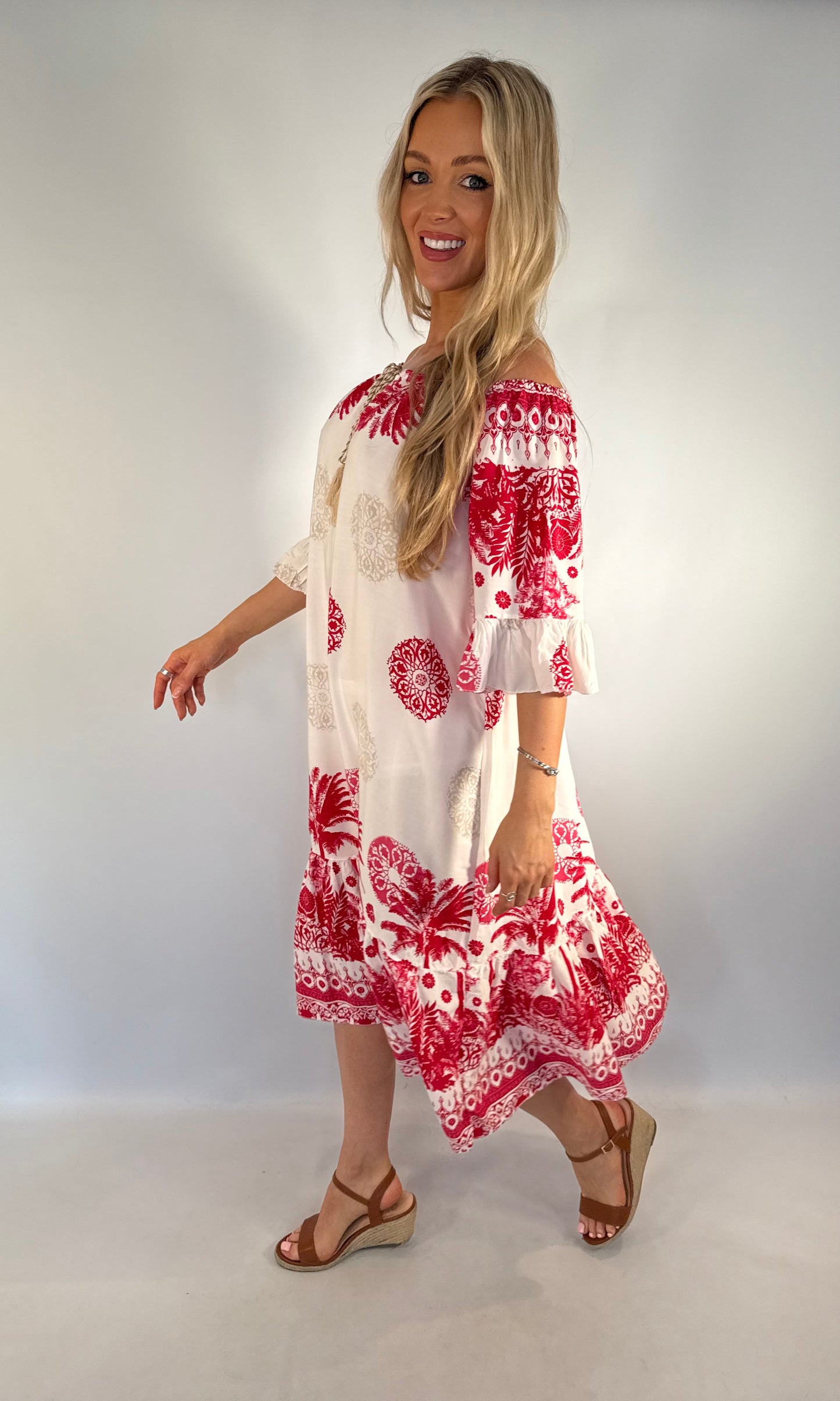 Palm Print Bardot Dress