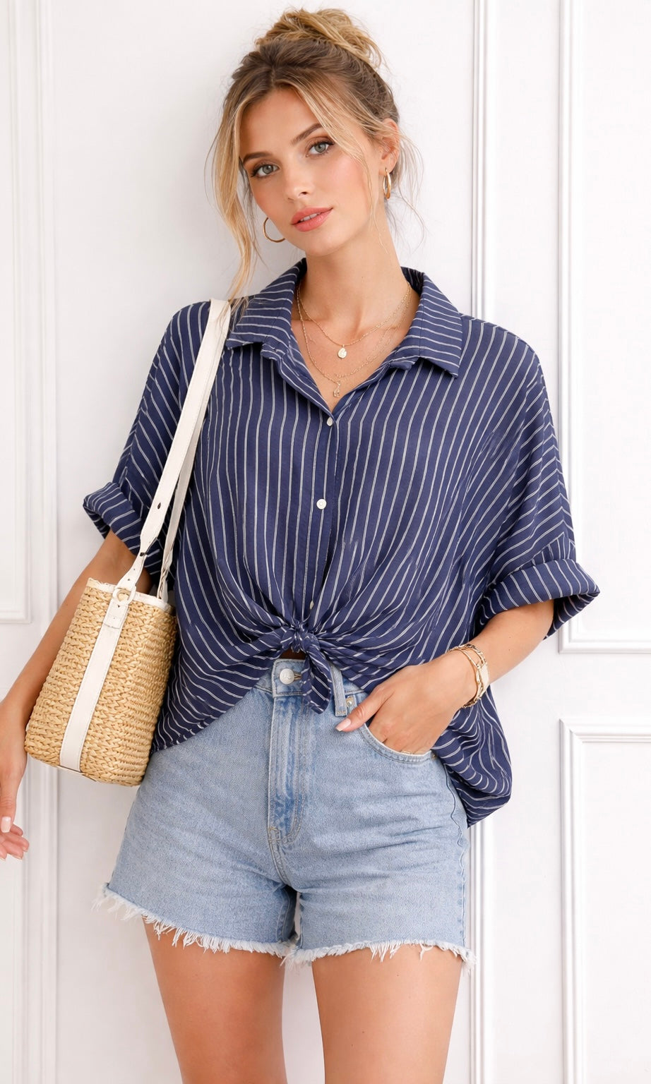 Wholesale Shaunie Pinstripe Knot Shirt for Boutique Retailers - Catwalk style wholesale