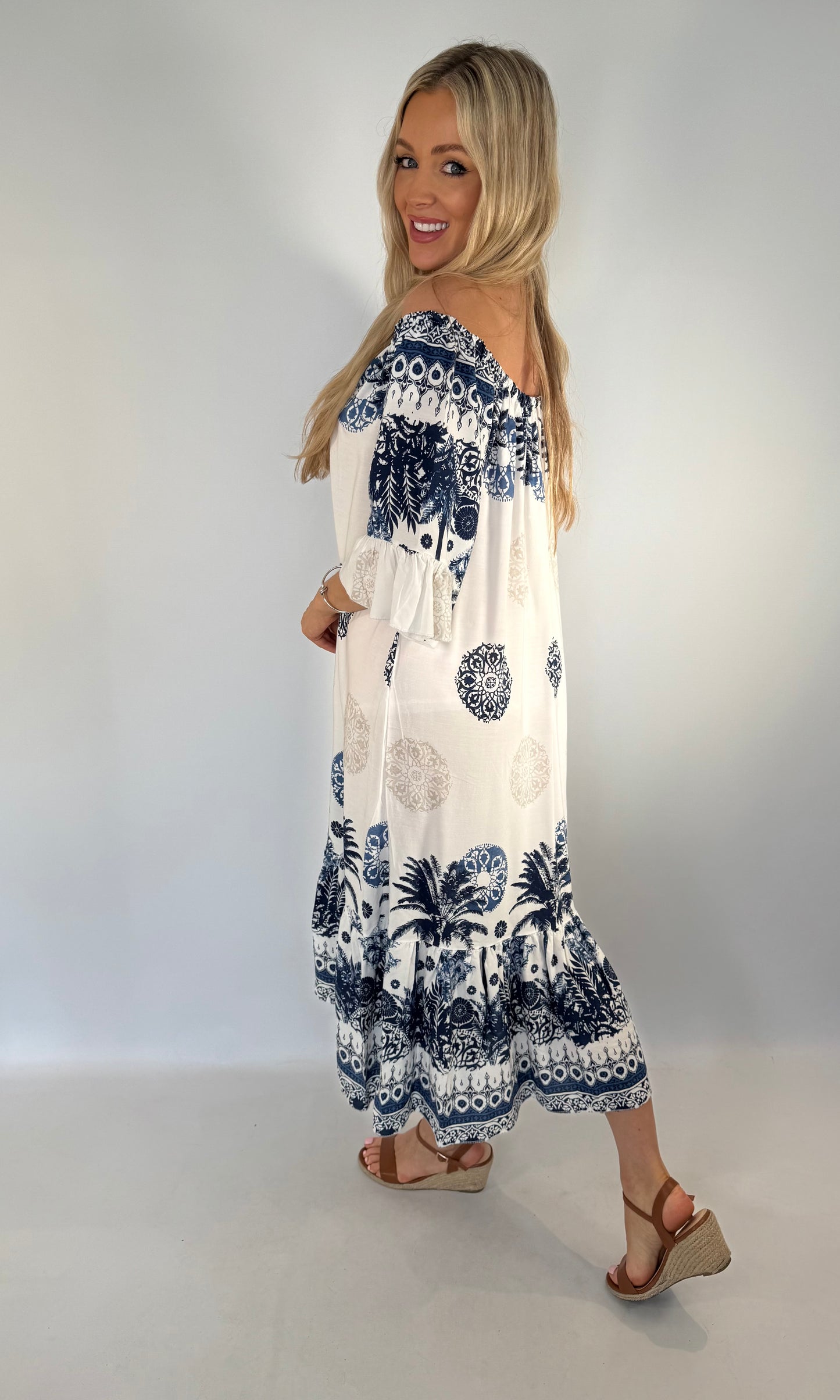 Palm Print Bardot Dress