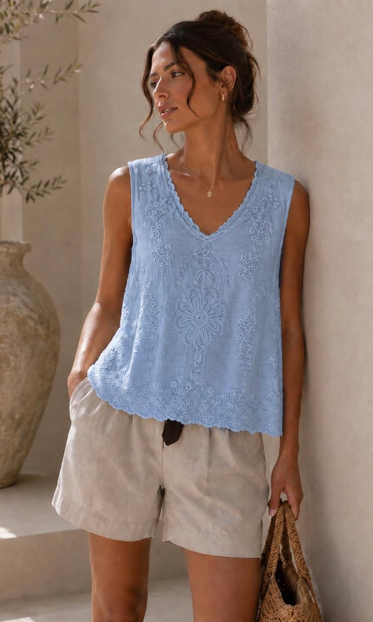 Amber Cotton Embroidered Sleeveless Top