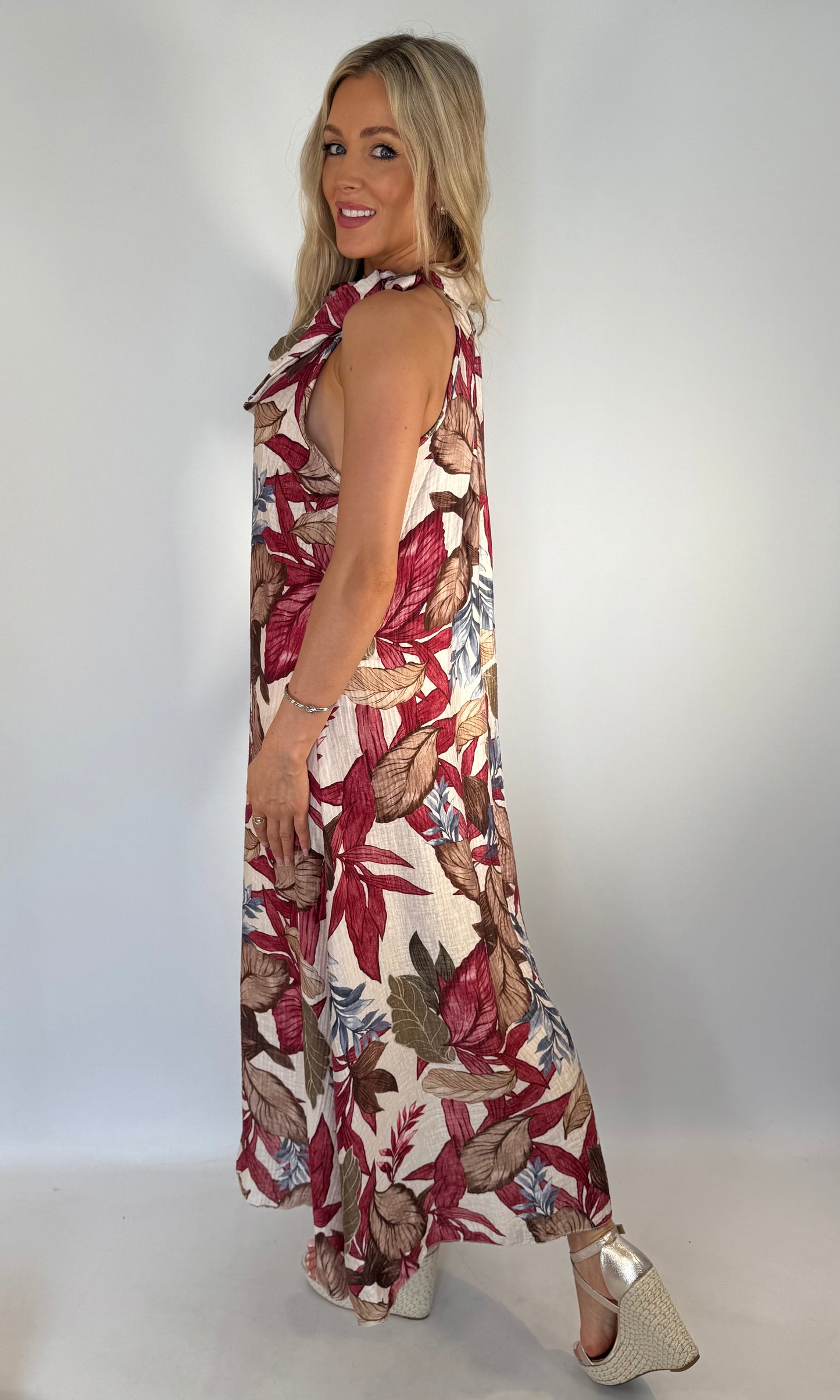 Leaf Print Tie Neck Maxi Dress