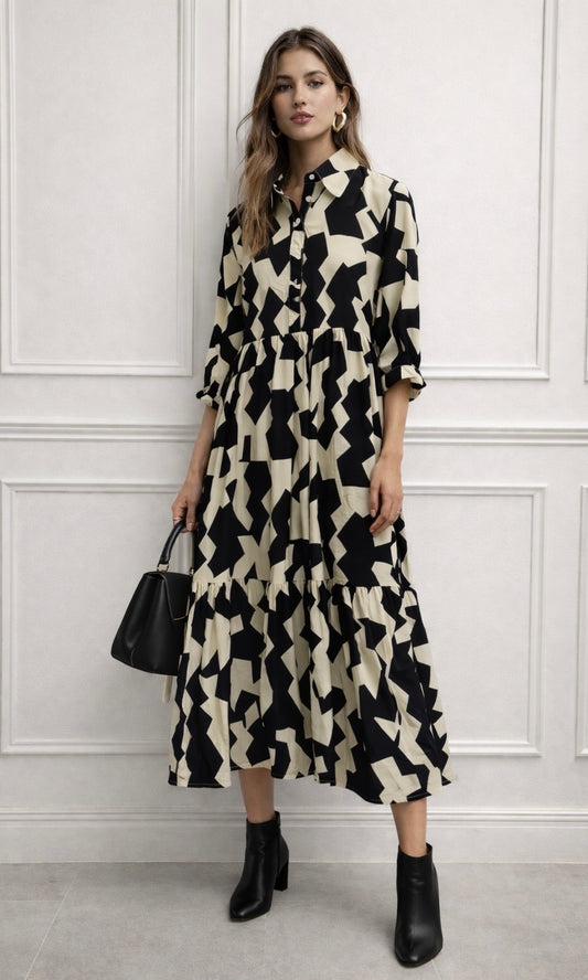 Sicily Abstract Button Tiered Dress
