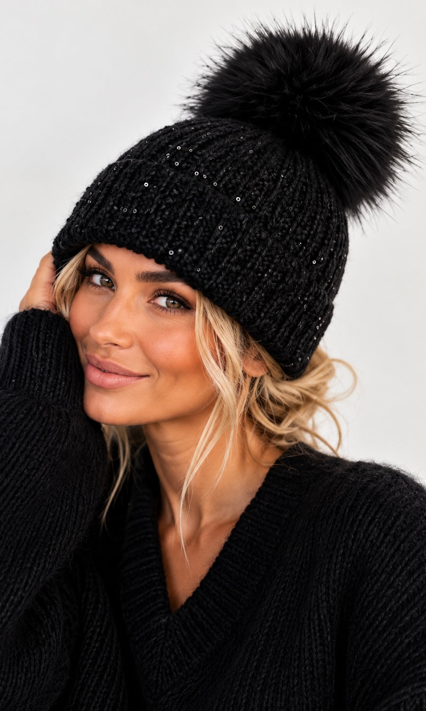 Faux fur sparkle bobble hat