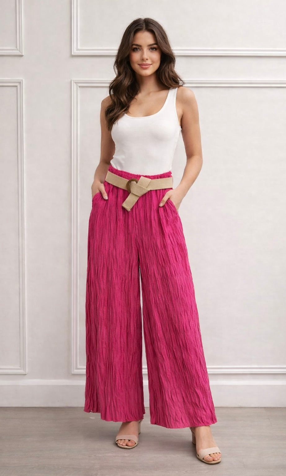 Crinkle pleat elasticated trouser with belt