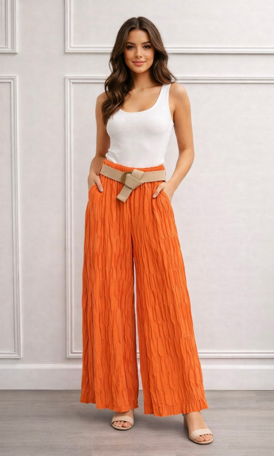Crinkle pleat elasticated trouser with belt