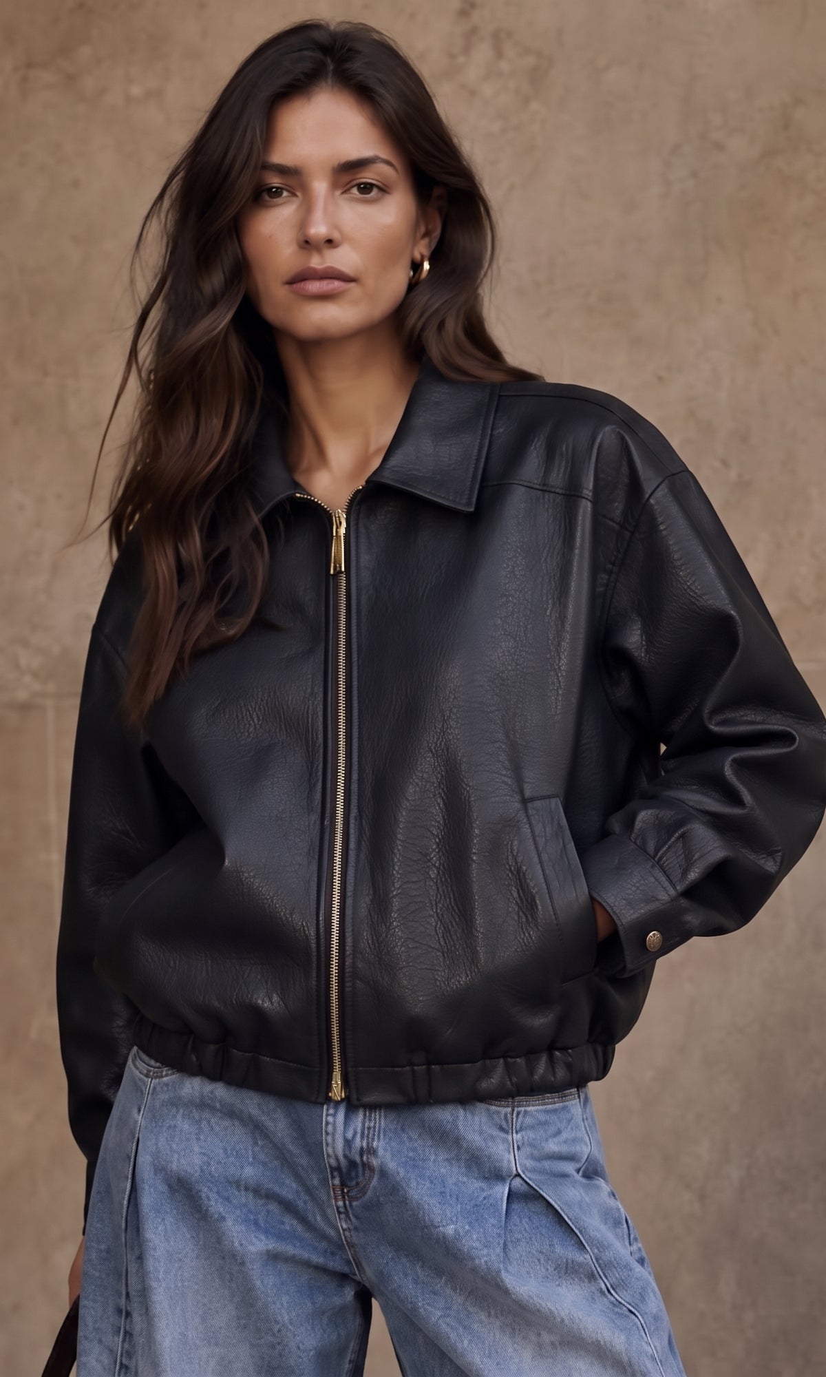Wholesale ​Mia relaxed faux leather bomber jacket - Catwalk style