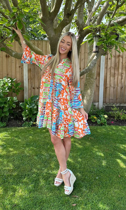 Multicoloured Tiered Print Mini Dress