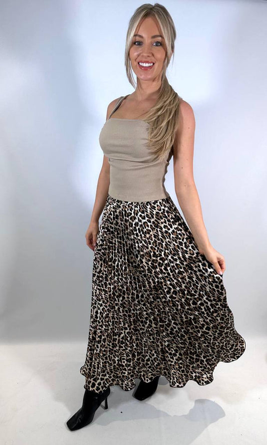 Leopard Satin Pleat Skirt