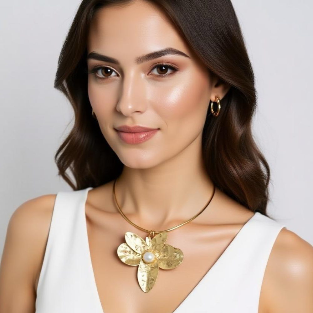 Woman wearing a gold necklace and earrings on a plain background